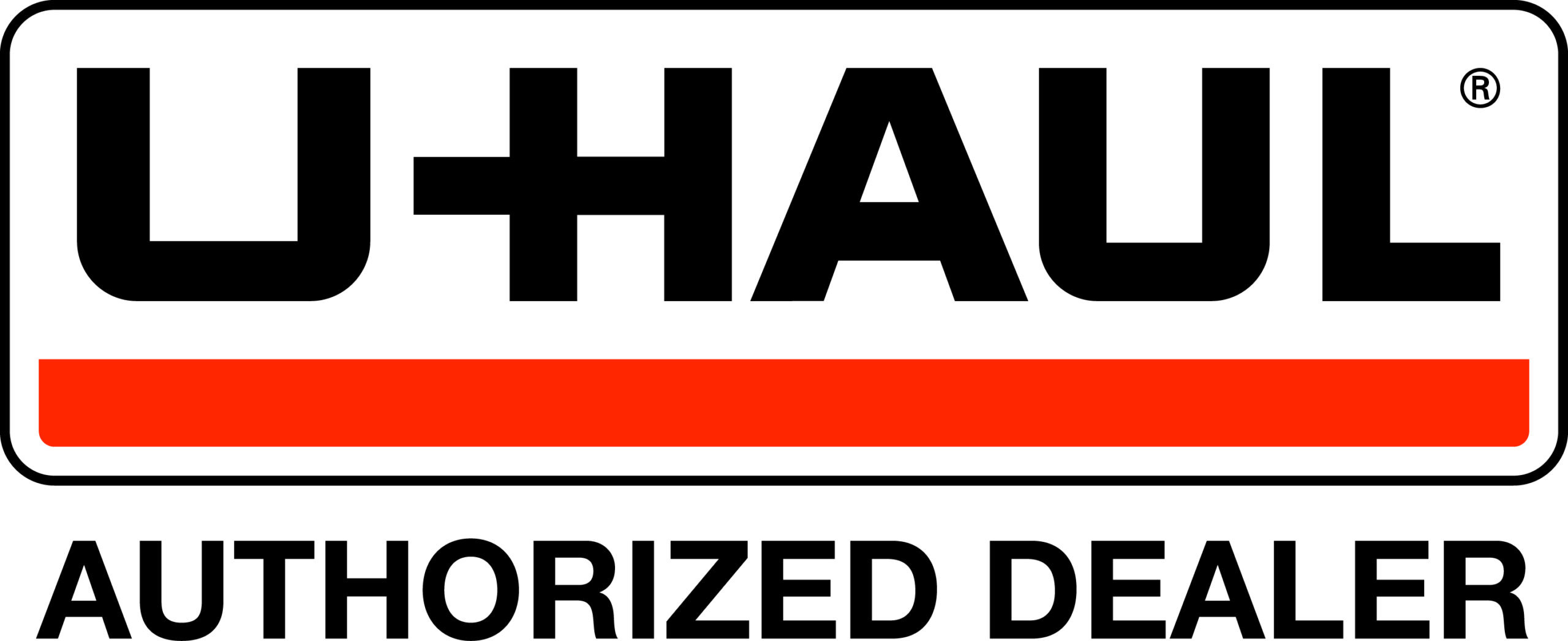 U-Haul Authorized Dealer logo, featuring the brand name in bold black letters on a white background with an orange stripe. Represents moving and storage services.